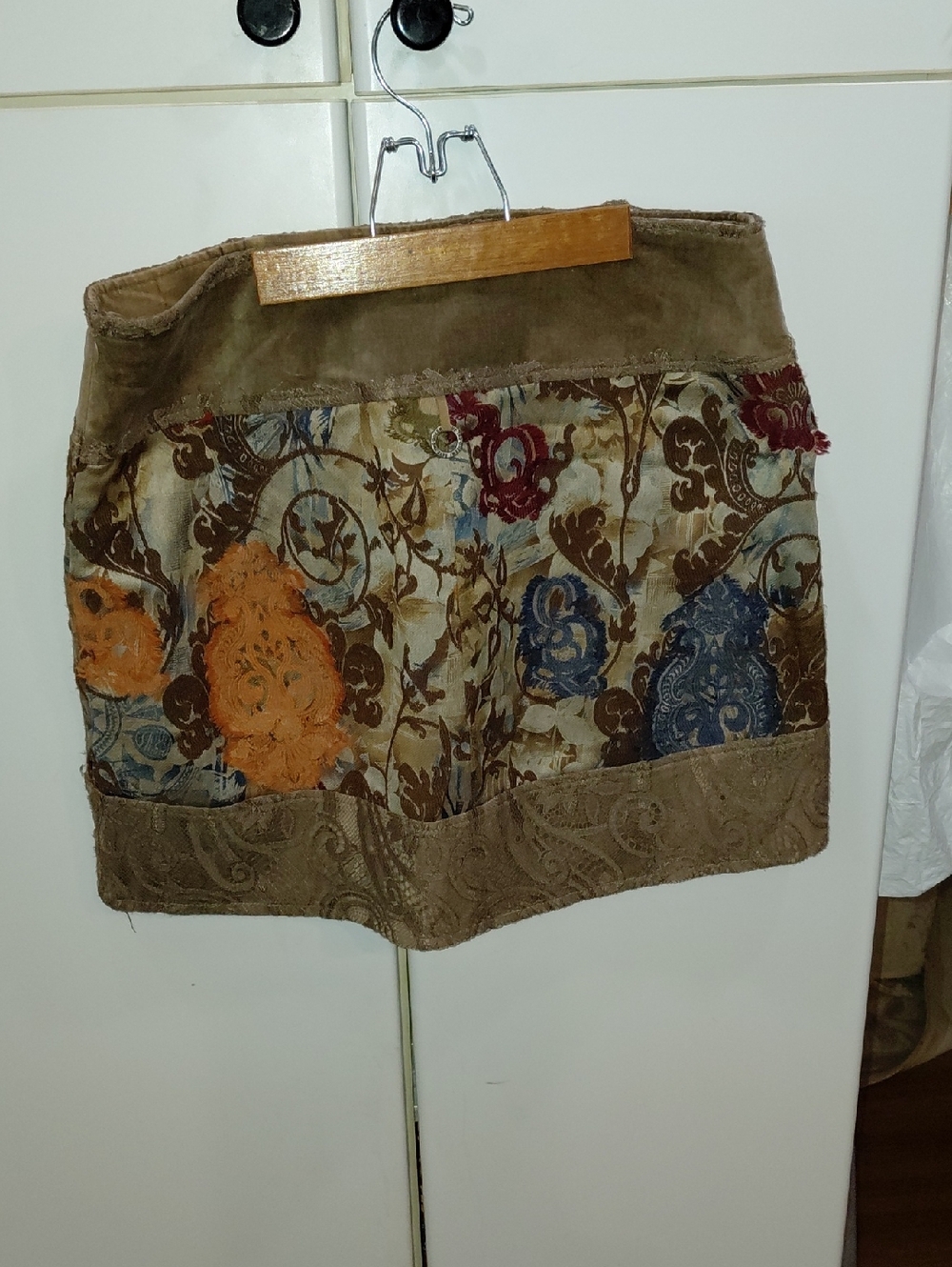 Save The Queen Multicolor Velvet Patchwork Mini Skirt with Earthy Trim